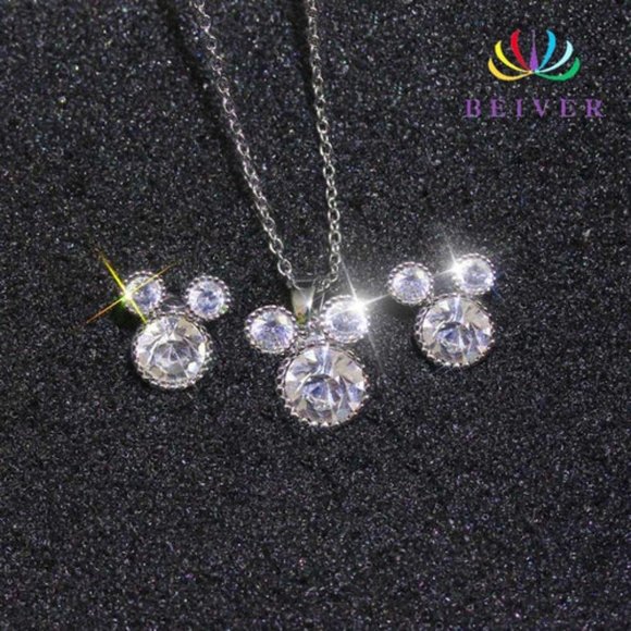 Mouse Jewelry Set 925 Sterling Silver Necklace Set Clear CZ Jewelry Set - Picture 2 of 3